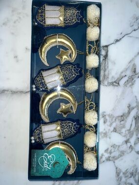 Eid Crescent & Lantern Garland - Navy, Gold, Cream